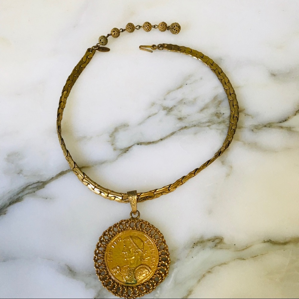 Roman Coin Miriam Haskell Medallion Necklace Gold